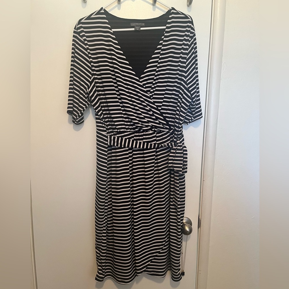 (3/$10) Covington striped faux wrap dress